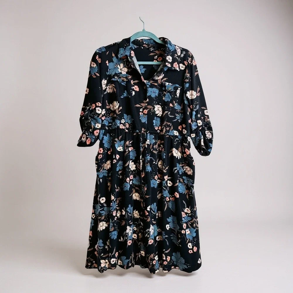 Torrid Floral Button-Down Midi Dress With Rolled Sleeves & Pockets 1X